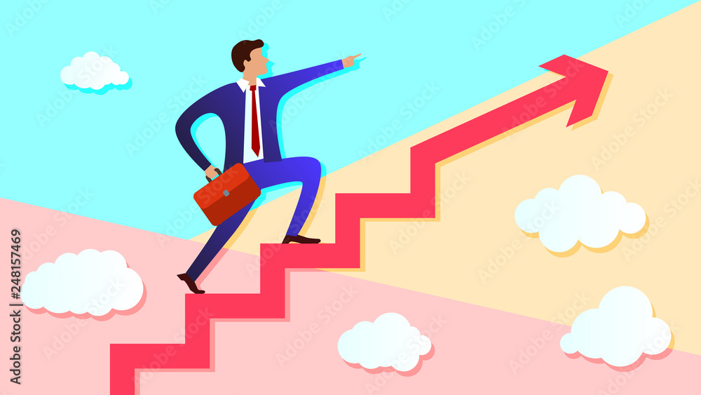 Poster pastel minimal colored businessman stands on growing up steps arrow and points forward in direction 