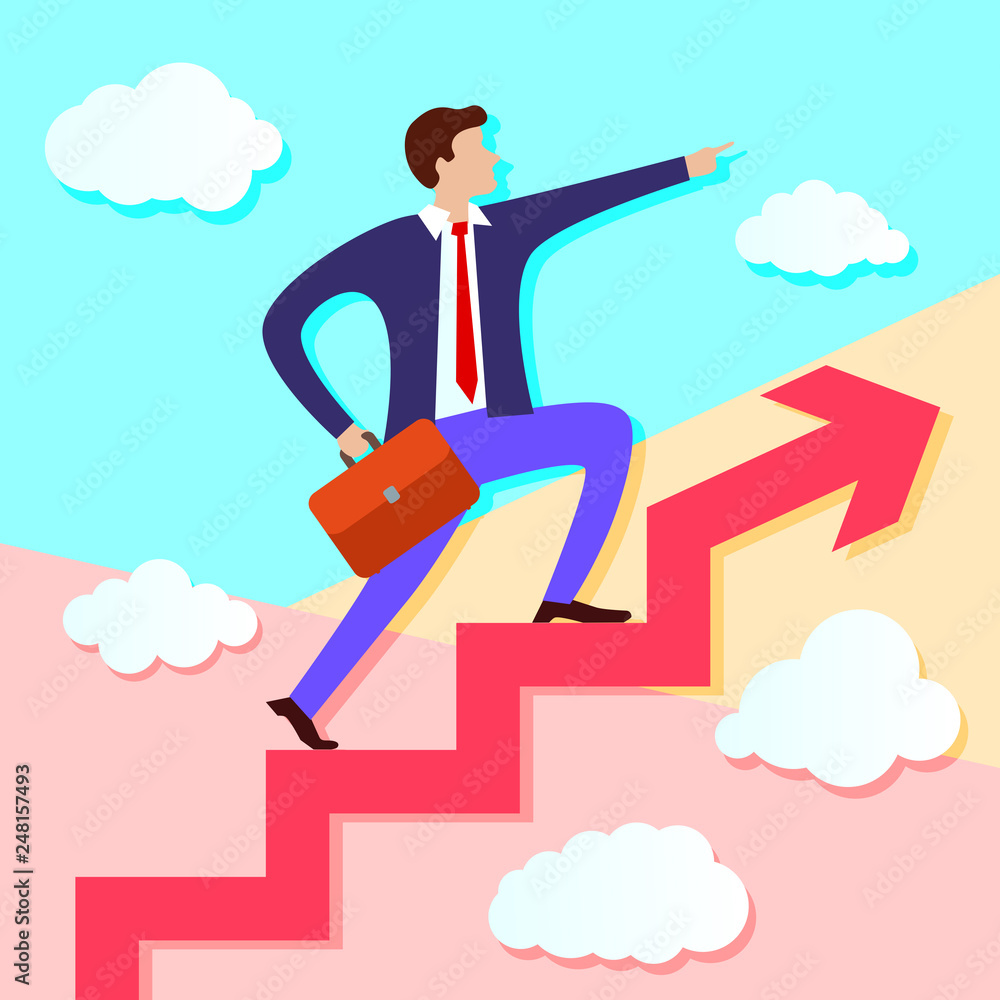 Poster pastel minimal colored businessman stands on growing up steps arrow and points forward in direction 