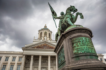  St Jacques Church at The Coudenberg and Godefroid Van Bouillon king of Jesusalem memorial in Brussels, Belgium