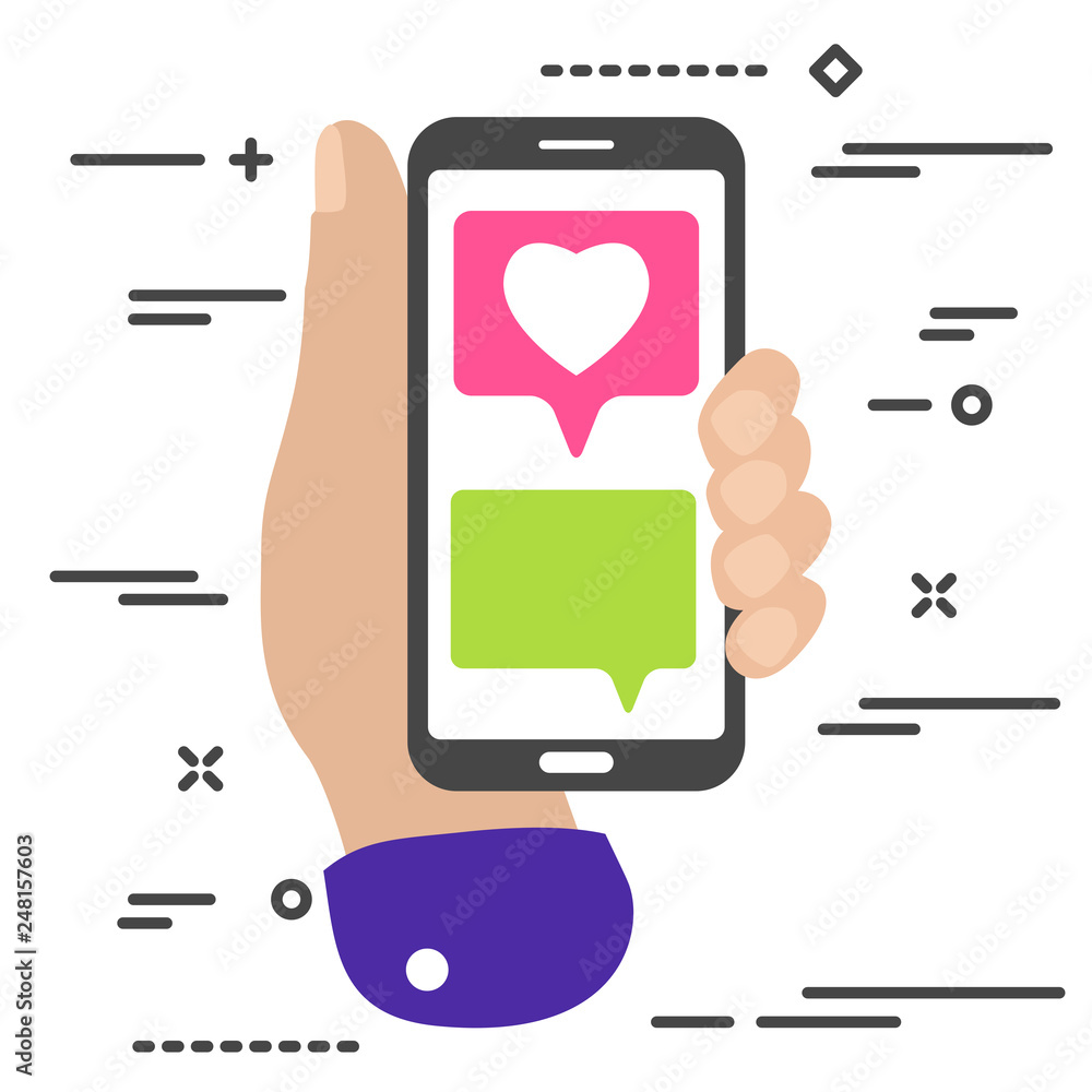 Poster flat minimal hand holding mobile phone with chat message notifications and pink heart like social me