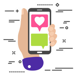 flat minimal hand holding mobile phone with chat message notifications and pink heart like social media icon. Arm with smartphone and chatting bubble speeches.