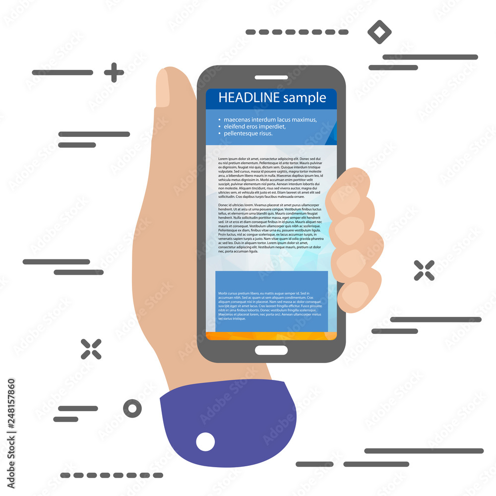 Poster flat minimal hand holding mobile phone with modern geometric colorful ux design from triangular face