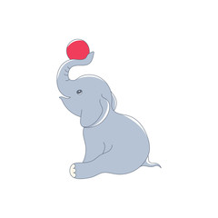 Cute cartoon elephant with a ball. Little elephant holding a ball trunk. Vector illustration.