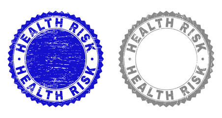 Obraz premium Grunge HEALTH RISK stamp seals isolated on a white background. Rosette seals with grunge texture in blue and grey colors. Vector rubber stamp imitation of HEALTH RISK tag inside round rosette.