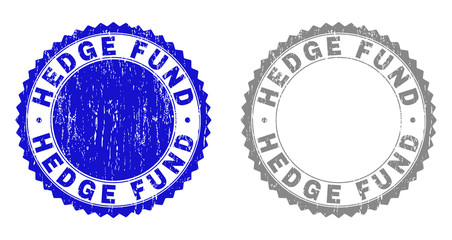 Grunge HEDGE FUND stamp seals isolated on a white background. Rosette seals with grunge texture in blue and grey colors. Vector rubber stamp imitation of HEDGE FUND title inside round rosette.