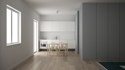 Fototapeta na wymiar Minimalist small kitchen in one bedroom apartment, dining table with wooden chairs, parquet floor, white interior design, clean architecture concept idea