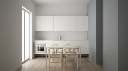 Minimalist small kitchen in one bedroom apartment, dining table with wooden chairs, parquet floor, white interior design, clean architecture concept idea