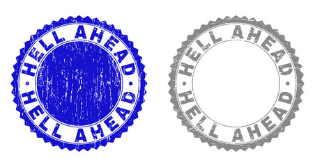 Grunge HELL AHEAD stamp seals isolated on a white background. Rosette seals with grunge texture in blue and gray colors. Vector rubber stamp imitation of HELL AHEAD label inside round rosette.