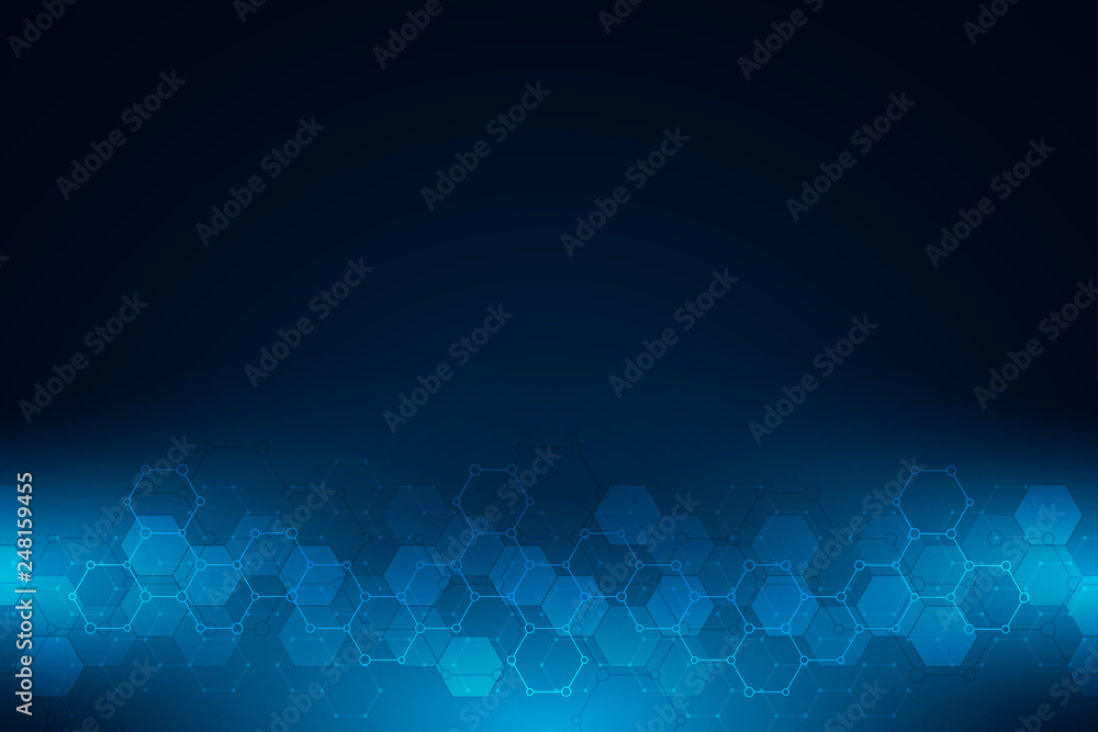 Wall mural Science and technology background with hexagons pattern. Hi-tech background of molecular structures and chemical engineering.