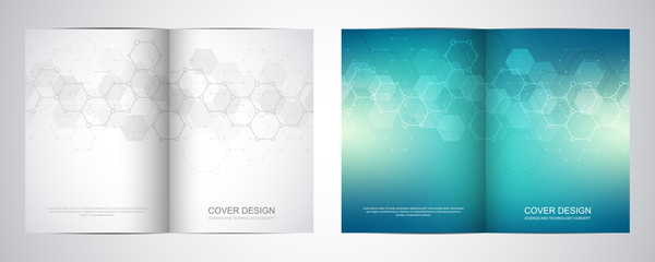 Fototapeta na wymiar Bi fold brochure template with hexagons pattern. Geometric abstract background of molecular structures and chemical compounds.