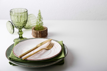 Beautiful table setting on white background