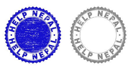 Grunge HELP NEPAL stamp seals isolated on a white background. Rosette seals with grunge texture in blue and gray colors. Vector rubber stamp imitation of HELP NEPAL label inside round rosette.