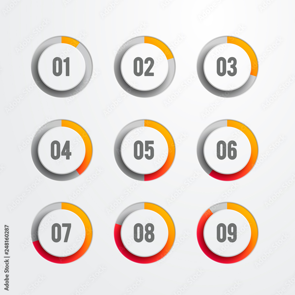 Poster set of nine circular progress bar icons. timer icon interval in modern style for download display. v