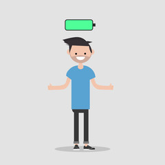 young happy character with full battery icon above.flat cartoon design