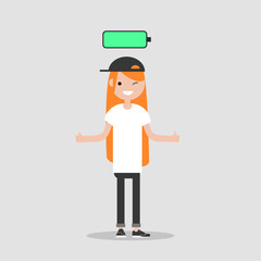 young happy character with full battery icon above.flat cartoon design
