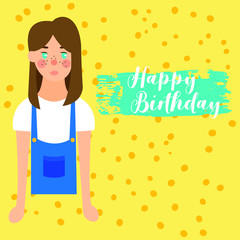 Happy birthday with girl character background vector illustration flat desing