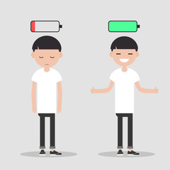 young character in two versions tired and active with battery icon above,full and low battery concept.flat cartoon design