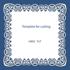 Greeting card with openwork border, paper doily under the cake, template for cutting, wedding invitation, decorative plate is laser cut, vector illustrations.