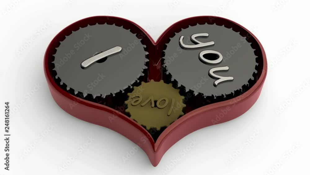 Poster 3d animation of red heart with rotating gears.