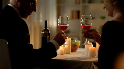 Retired elegant couple toasting holding wine glasses, romantic dinner candles