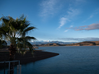 Palmen vor Stausee und hohem Atlas