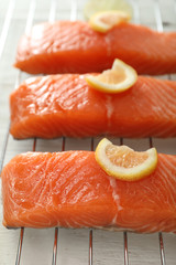 Raw salmon fillet on grill