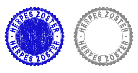 Grunge HERPES ZOSTER stamp seals isolated on a white background. Rosette seals with distress texture in blue and gray colors. Vector rubber stamp imprint of HERPES ZOSTER title inside round rosette.