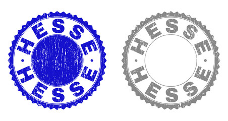 Grunge HESSE stamp seals isolated on a white background. Rosette seals with grunge texture in blue and gray colors. Vector rubber stamp imprint of HESSE text inside round rosette.