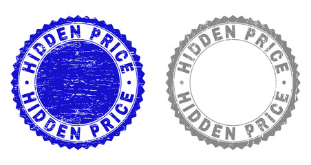 Obraz premium Grunge HIDDEN PRICE stamp seals isolated on a white background. Rosette seals with grunge texture in blue and gray colors. Vector rubber stamp imitation of HIDDEN PRICE title inside round rosette.