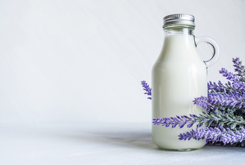 Vintage bottle with milk, near a branch of lavender flowers on a white vintage background