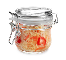 Jar with tasty fermented vegetables on white background