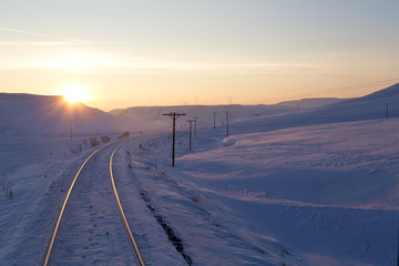 Snowy road, winter landscape