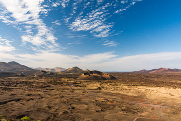 Beautiful landscape with volcano El Cuervo in Lanzarote, Canary Islands in Spain.