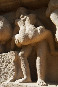 Erotic sculptures at Vishvanatha Temple at the  Western temples of Khajuraho in Madhya Pradesh, India. UNESCO World heritage site.