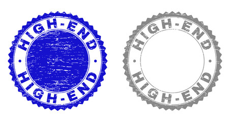 Grunge HIGH-END stamp seals isolated on a white background. Rosette seals with grunge texture in blue and gray colors. Vector rubber stamp imprint of HIGH-END tag inside round rosette.