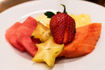  Plate of tropical fruits, organic desyuno, fiber and vitamins natural colors in Guatemala.