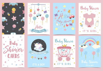 Fototapeta na wymiar Pink blue baby shower invitation with carriage,star,elephant,bottle,tiger,milk and cloud