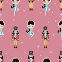 Pink seamless pattern with nutcracker,princess,ballet and solider