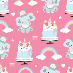 adorable pink seamless pattern with rainbow,unicorn cake,heart,elephant and ribbon