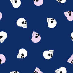 Seamless pattern white and pink human skull on blue, vector eps 10