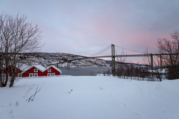 The Tjeldsund Bridge (Tjeldsundbrua), Tjeldsundet strait between the mainland and the island of Hinnøya in Troms county, Lofoten Islands, Norway