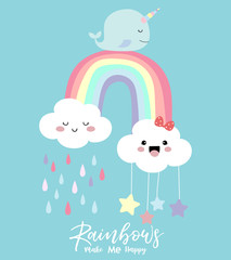 Colorful hand drawn cute card with rainbow,narwhale,cloud and rain.Rainbow make me happy © piixypeach