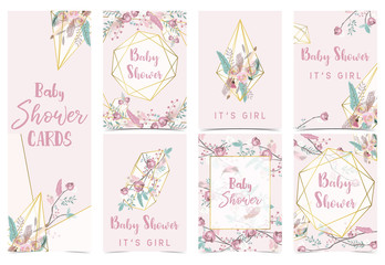 Geometry pink gold baby shower invitation card with rose,leaf,ribbon,wreath,feather and frame