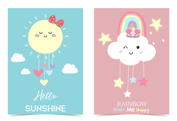 Colorful hand drawn cute card with rainbow,heart,cloud,star,sun.Rainbow make me happy.Hello sunshine