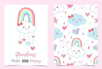 Colorful hand drawn cute card with rainbow,heart,cloud,rain,diamond.Rainbow make me happy