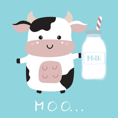 Cow hand drawn cute card with milk and moo wording