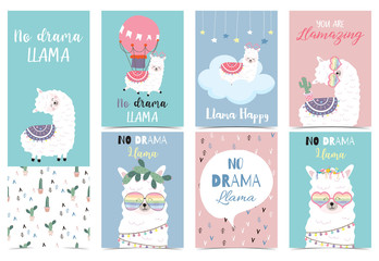  Blue pink hand drawn cute card with llama, star ,glasses,cactus and balloon.No drama llama,Llamazing © piixypeach