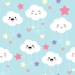 Blue kawaii seamless pattern with star,cloud and heart element