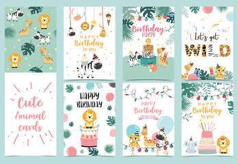 Green birthday card with tiger, giraffe, zebra,cake,leaf,rainbow,light and balloon