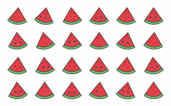 kawaii watermelon with cute black eyes. kawaii fruit with emotional faces